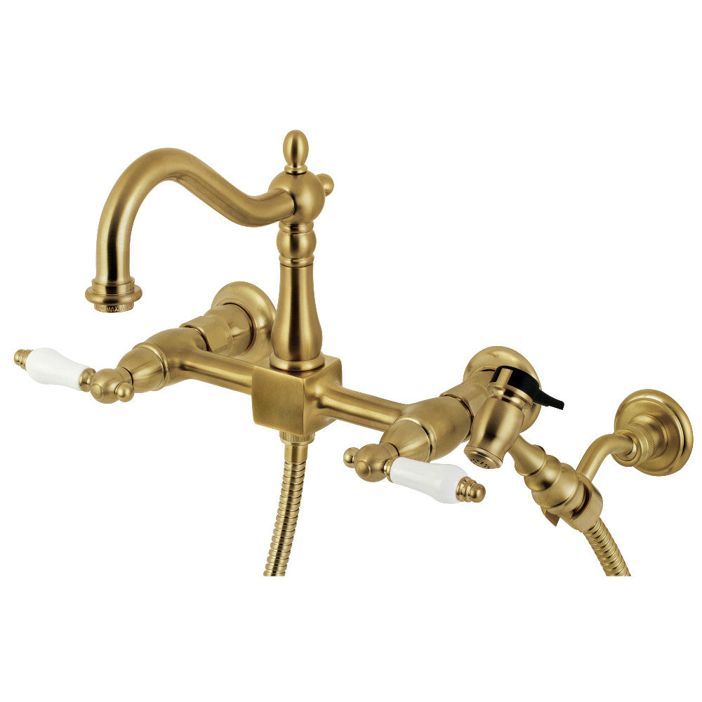 Kingston Brass KS1260PLBS Heritage Wall Mount Bridge Kitchen Faucet with Brass Sprayer