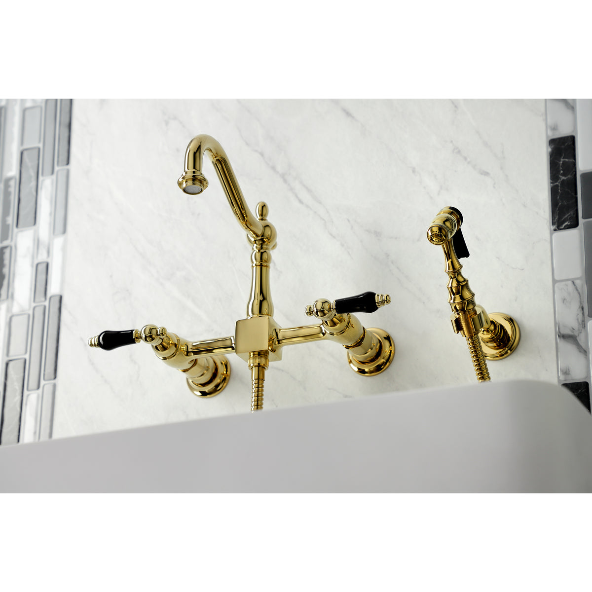 Kingston Brass KS1262PKLBS Duchess Wall Mount Bridge Kitchen Faucet with Brass Sprayer