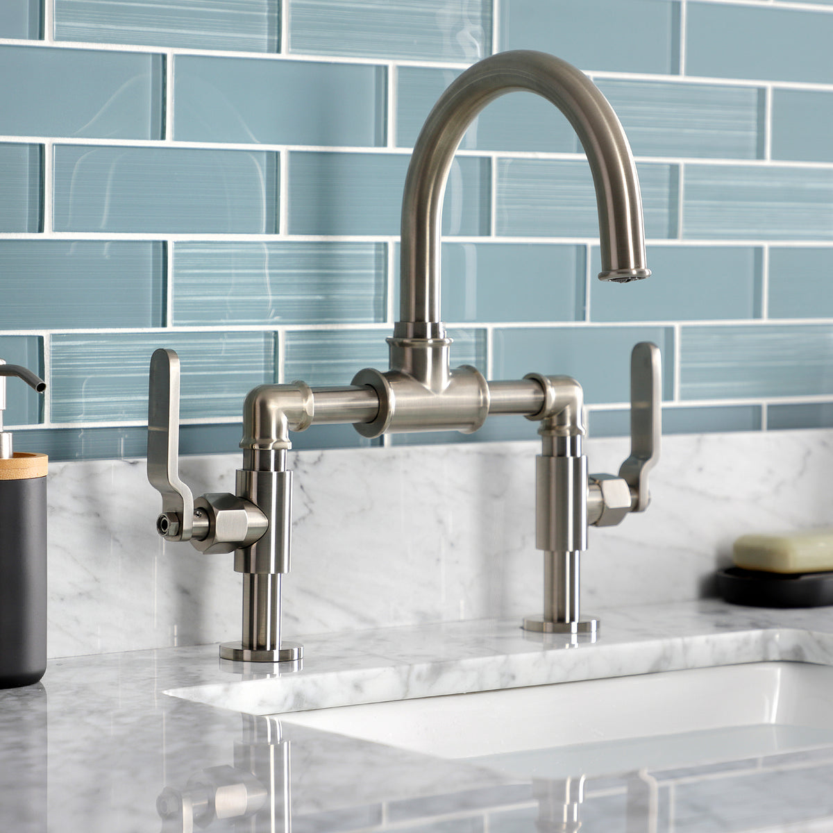 Kingston Brass KS2171KL Whitaker Industrial Style Bridge Bathroom Faucet with Pop-Up Drain