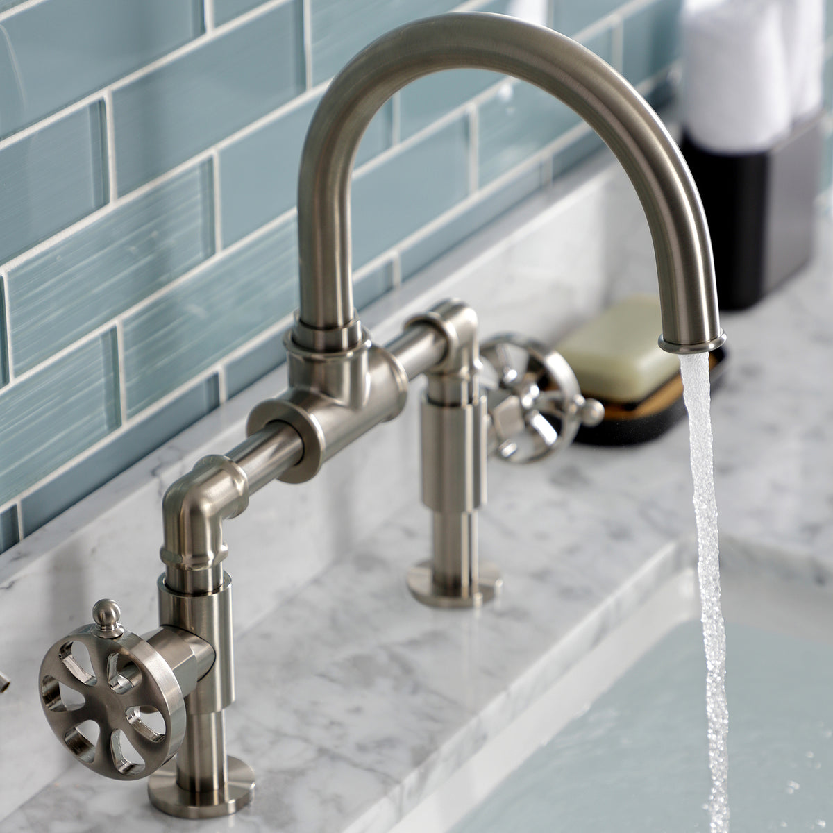 Kingston Brass KS217RXVN Belknap Industrial Style Wheel Handle Bridge Bathroom Faucet with Pop-Up Drain