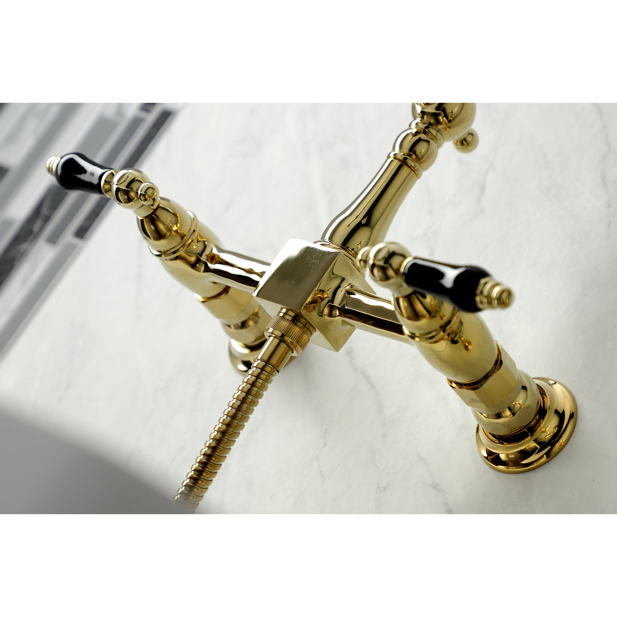 Kingston Brass KS1262PKLBS Duchess Wall Mount Bridge Kitchen Faucet with Brass Sprayer