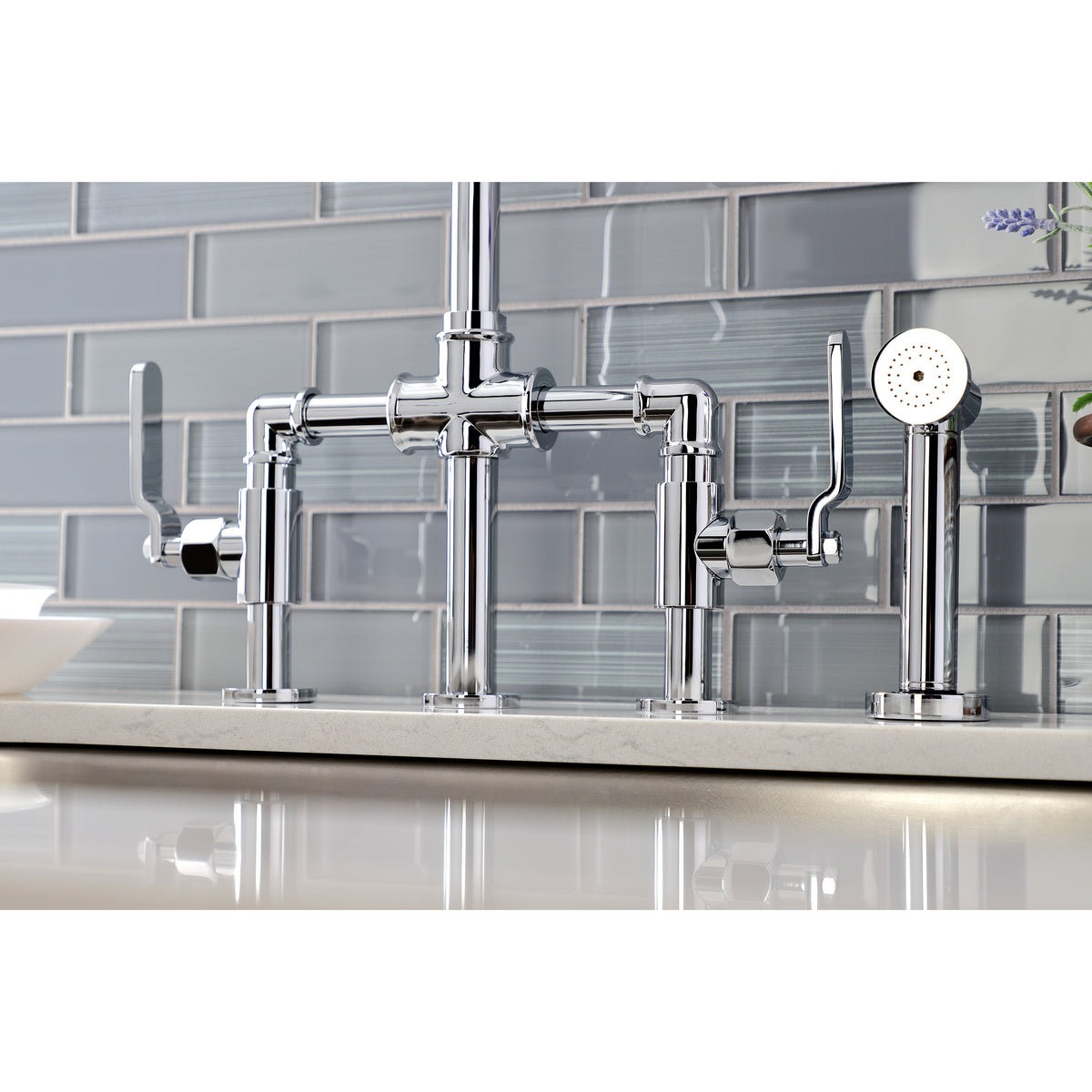 Kingston Brass KS2330KL Whitaker Industrial Style Bridge Kitchen Faucet with Brass Sprayer