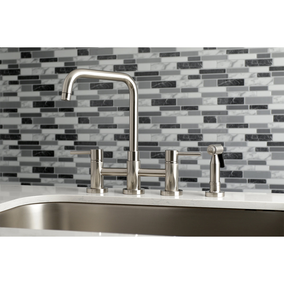 Kingston Brass KS8287DLBS Concord Two-Handle Bridge Kitchen Faucet with Brass Sprayer