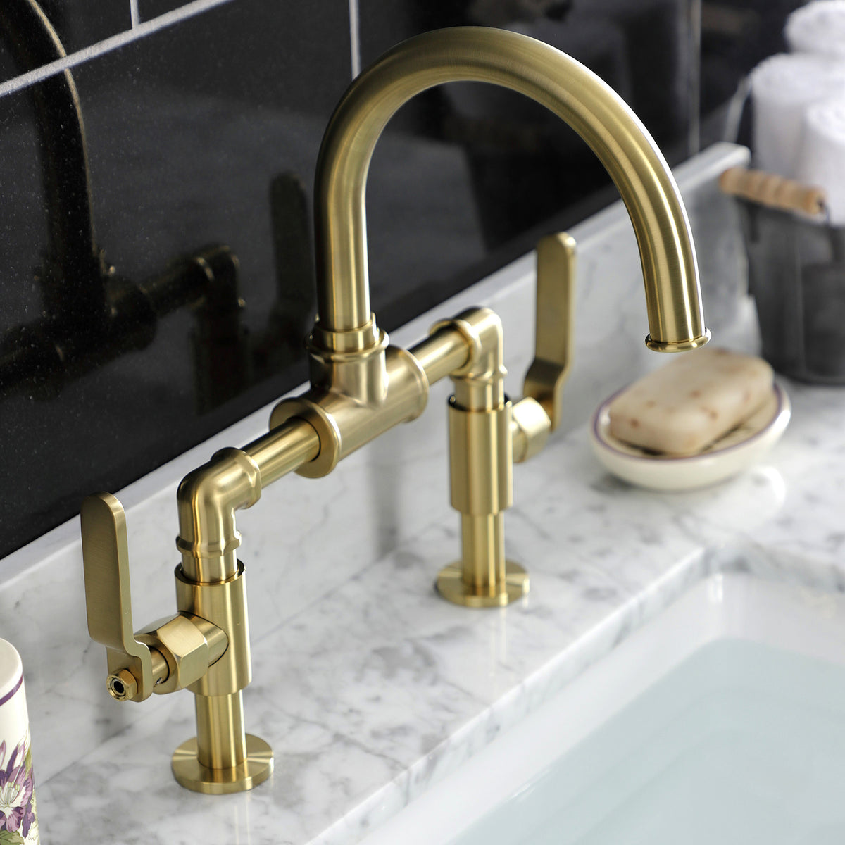 Kingston Brass KS2171KL Whitaker Industrial Style Bridge Bathroom Faucet with Pop-Up Drain