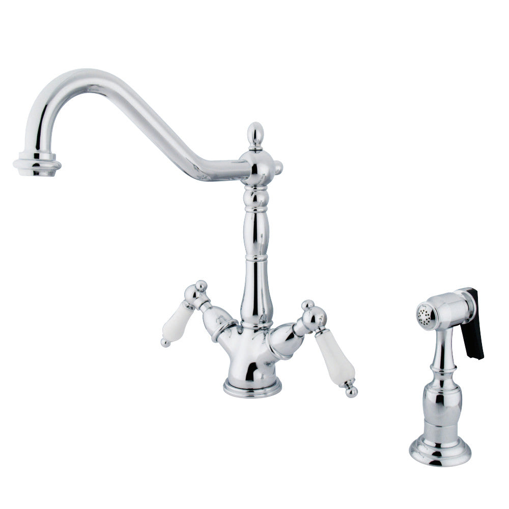 Kingston Brass KS1236PLBS Heritage 2-Handle Kitchen Faucet with Brass Sprayer and 8-Inch Plate