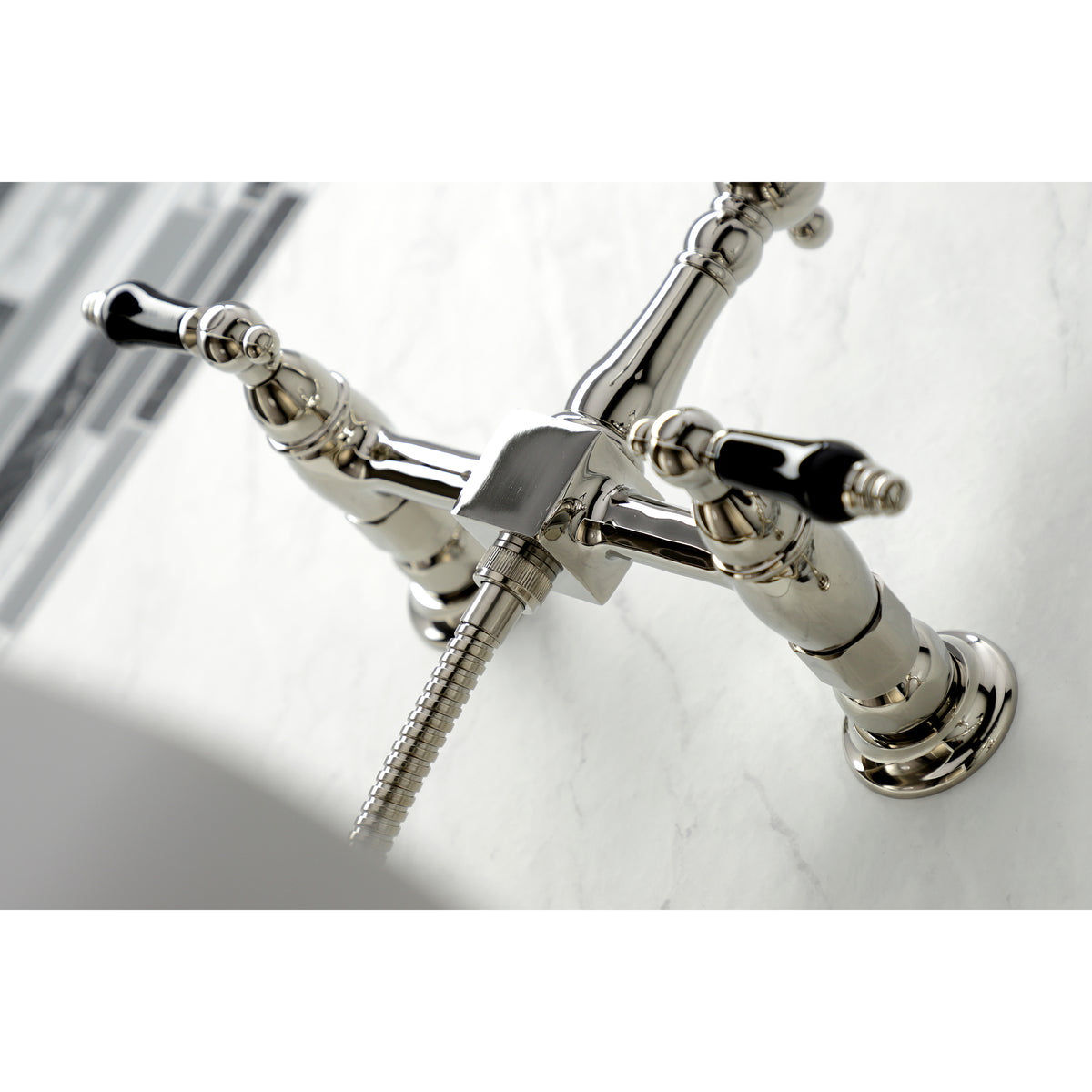 Kingston Brass KS1262PKLBS Duchess Wall Mount Bridge Kitchen Faucet with Brass Sprayer
