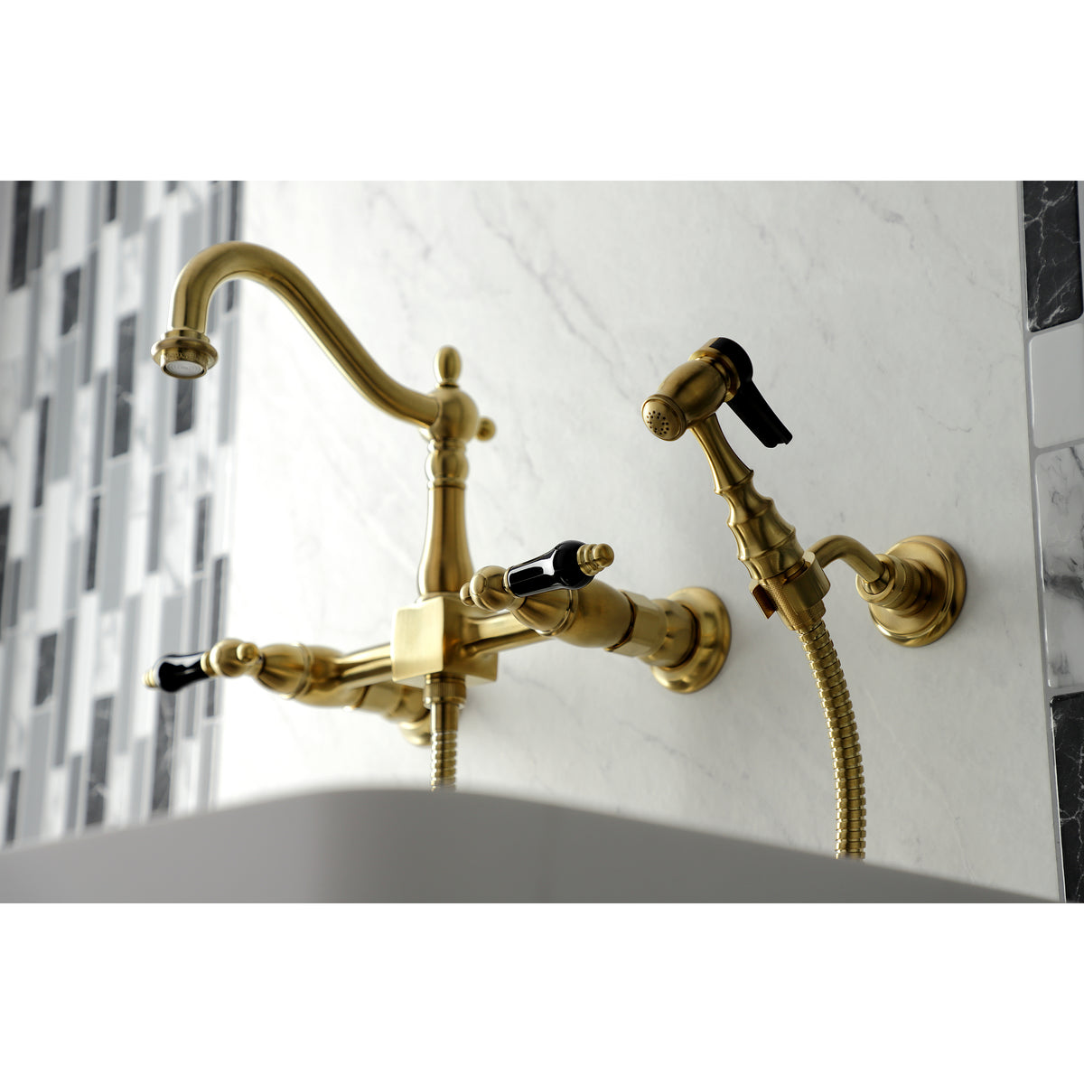 Kingston Brass KS1262PKLBS Duchess Wall Mount Bridge Kitchen Faucet with Brass Sprayer