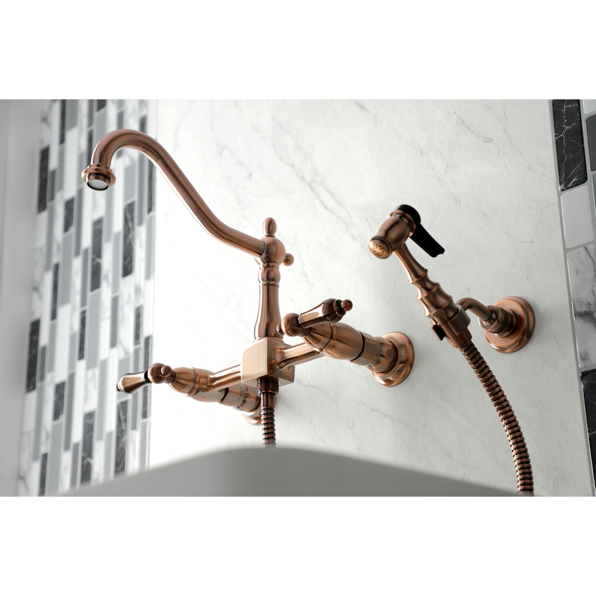 Kingston Brass KS1246ALBS Heritage Wall Mount Bridge Kitchen Faucet with Brass Spray
