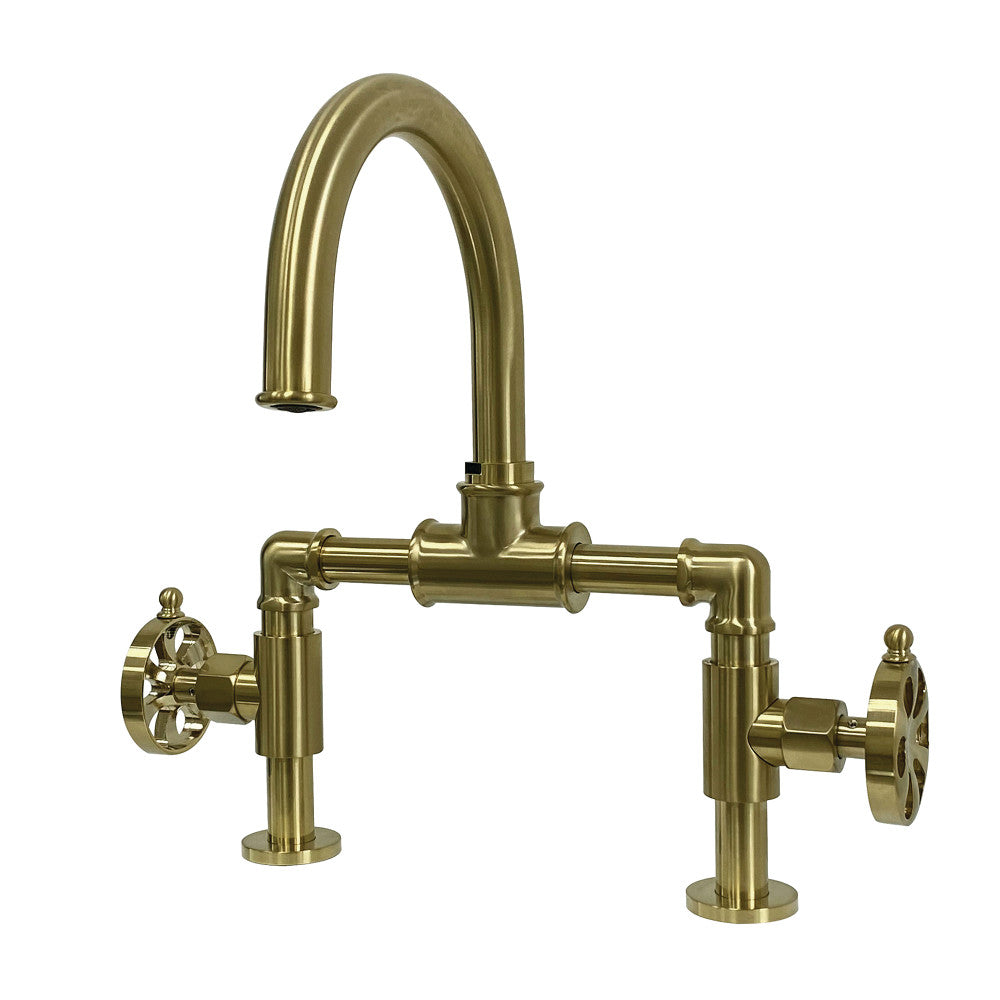 Kingston Brass KS217RXVN Belknap Industrial Style Wheel Handle Bridge Bathroom Faucet with Pop-Up Drain