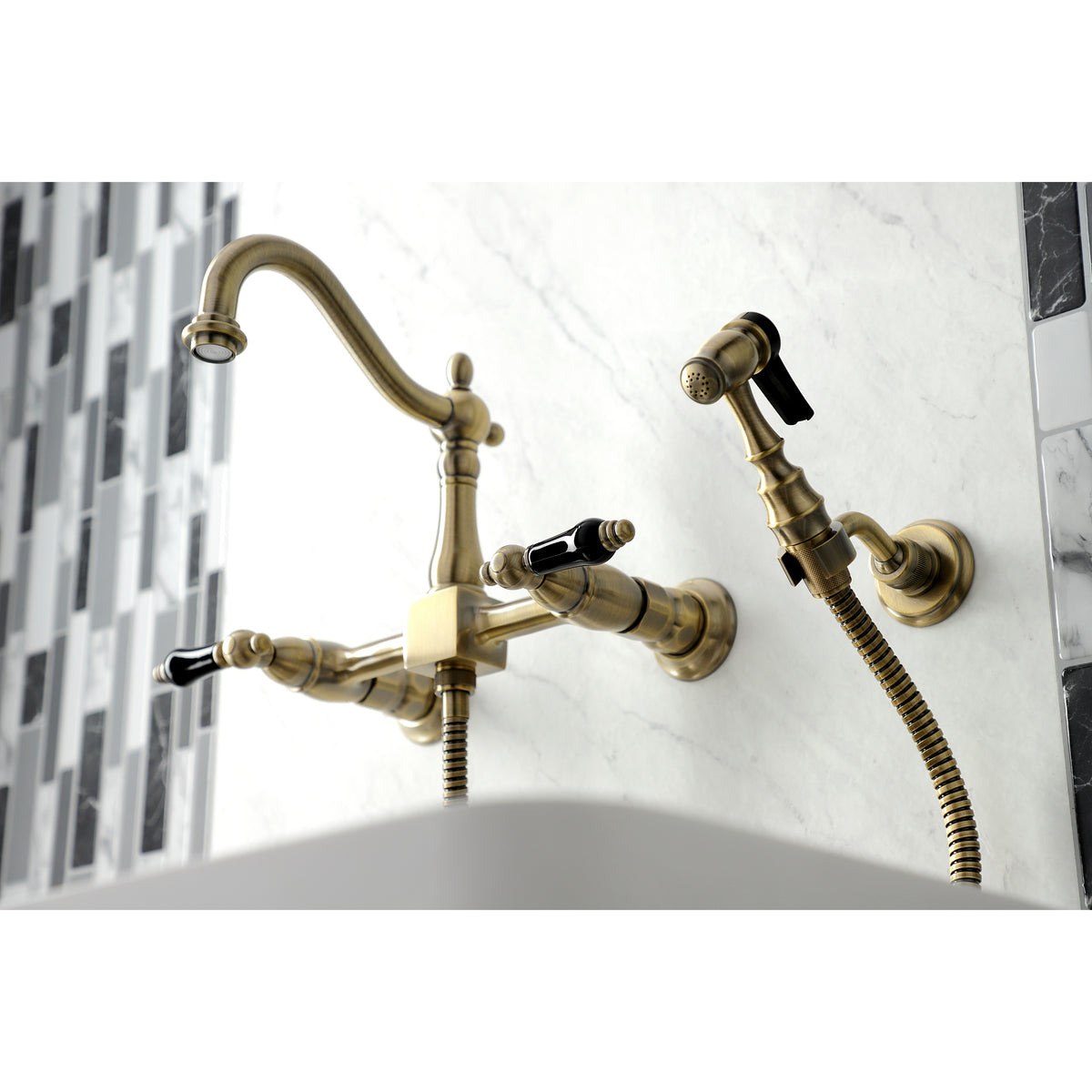 Kingston Brass KS1262PKLBS Duchess Wall Mount Bridge Kitchen Faucet with Brass Sprayer
