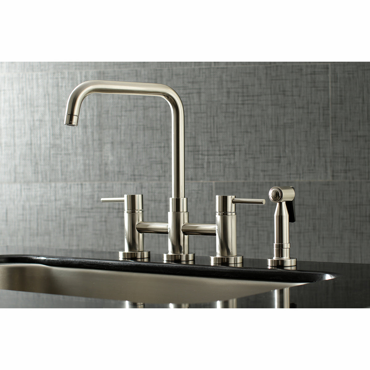 Kingston Brass KS8287DLBS Concord Two-Handle Bridge Kitchen Faucet with Brass Sprayer