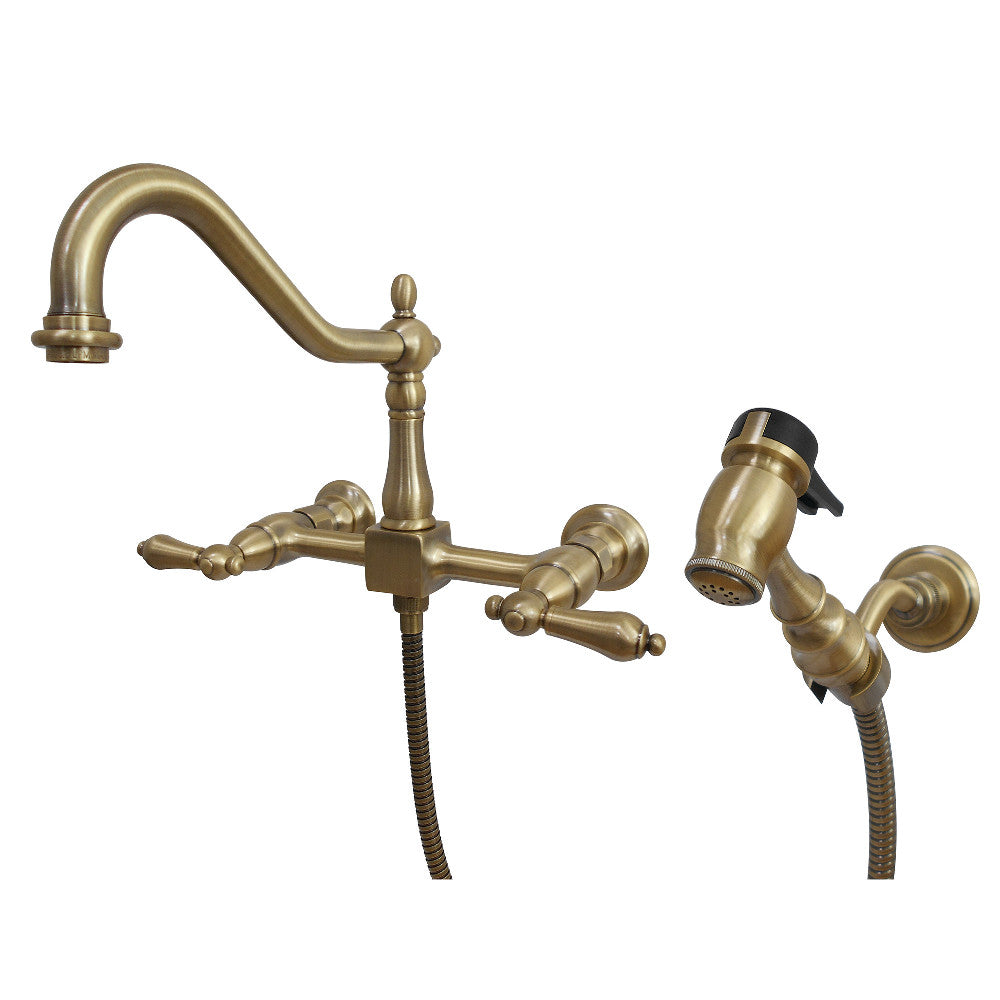 Kingston Brass KS1246ALBS Heritage Wall Mount Bridge Kitchen Faucet with Brass Spray