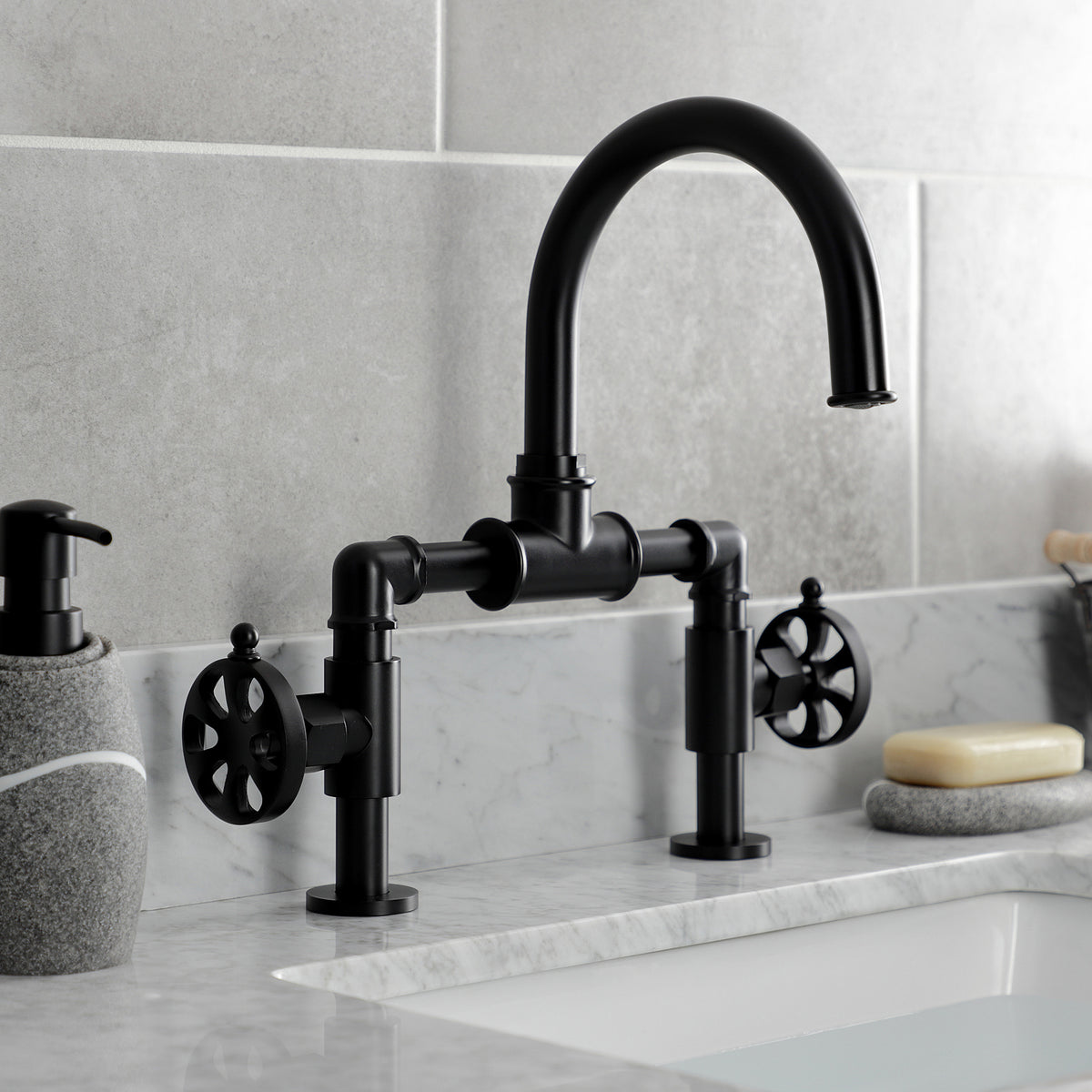 Kingston Brass KS217RXVN Belknap Industrial Style Wheel Handle Bridge Bathroom Faucet with Pop-Up Drain
