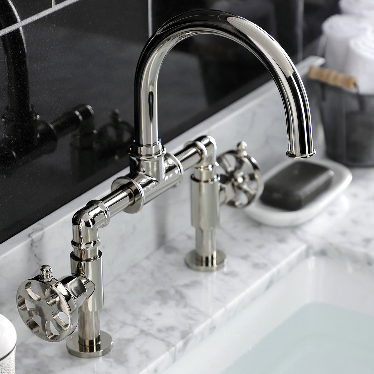 Kingston Brass KS217RXVN Belknap Industrial Style Wheel Handle Bridge Bathroom Faucet with Pop-Up Drain