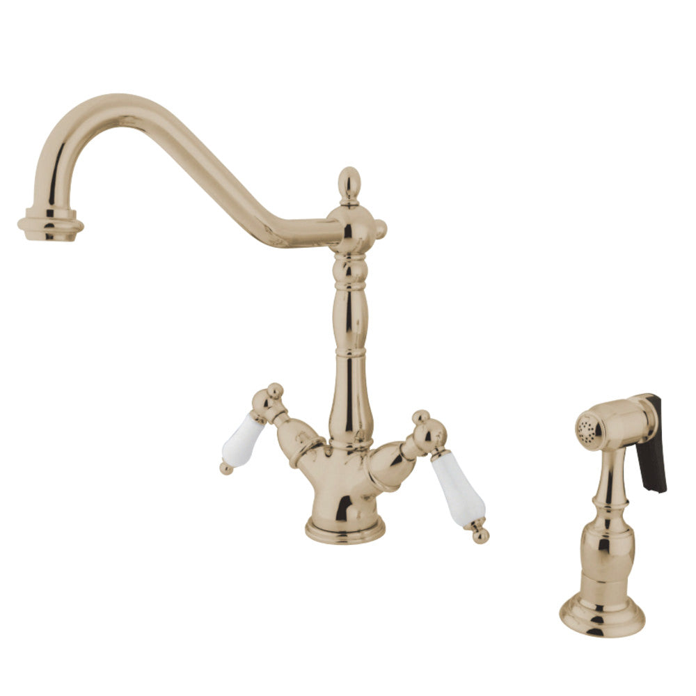 Kingston Brass KS1236PLBS Heritage 2-Handle Kitchen Faucet with Brass Sprayer and 8-Inch Plate