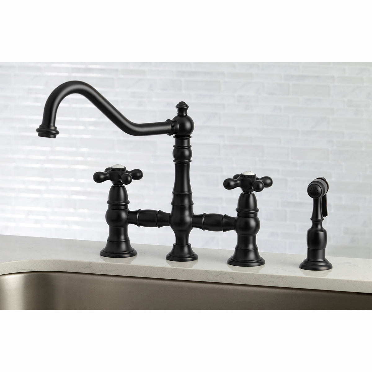 Kingston Brass KS3276AXBS Restoration 8&quot; Bridge Kitchen Faucet with Sprayer