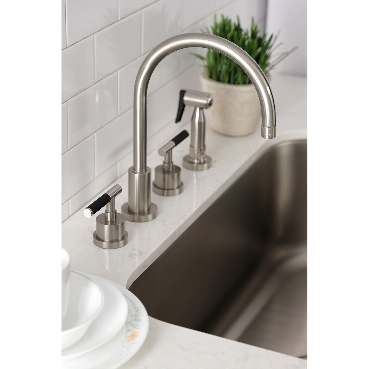 Kingston Brass KS8728CKLBS Kaiser Widespread Kitchen Faucet with Brass Sprayer