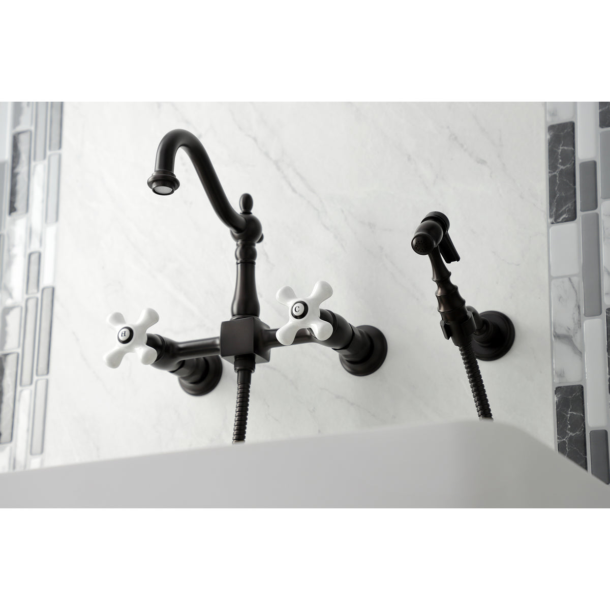 Kingston Brass KS1261PXBS Heritage Wall Mount Bridge Kitchen Faucet with Brass Sprayer