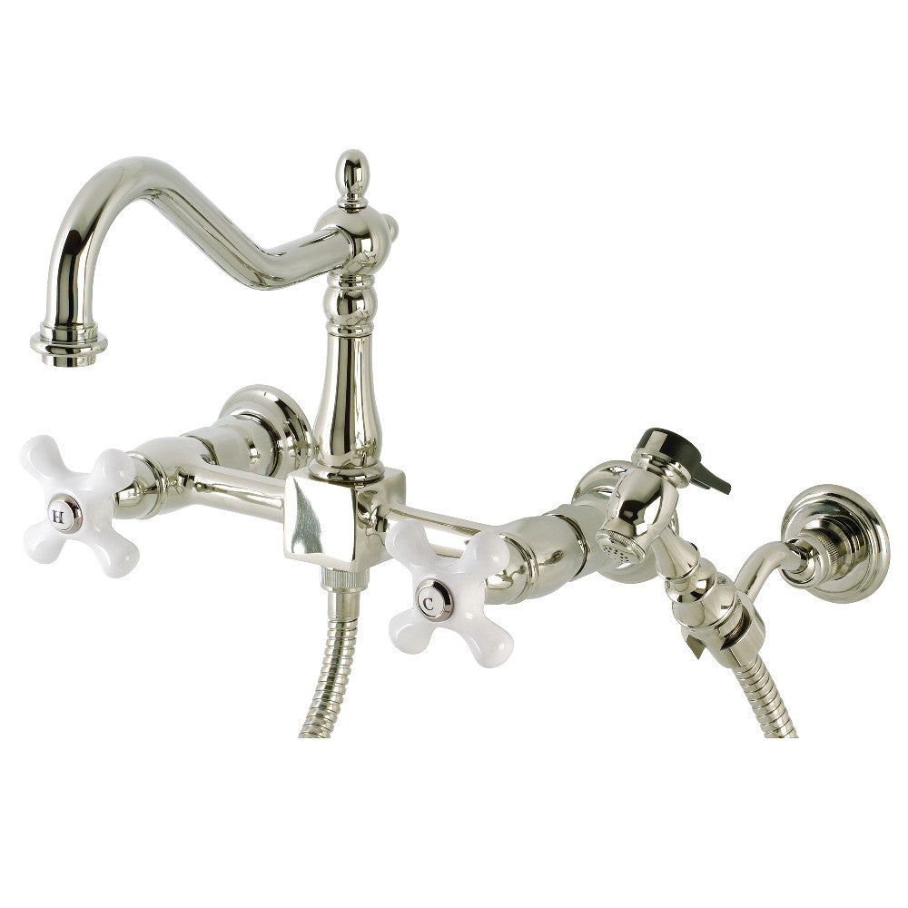 Kingston Brass KS1242PXBS Heritage Wall Mount Bridge Kitchen Faucet with Brass Spray