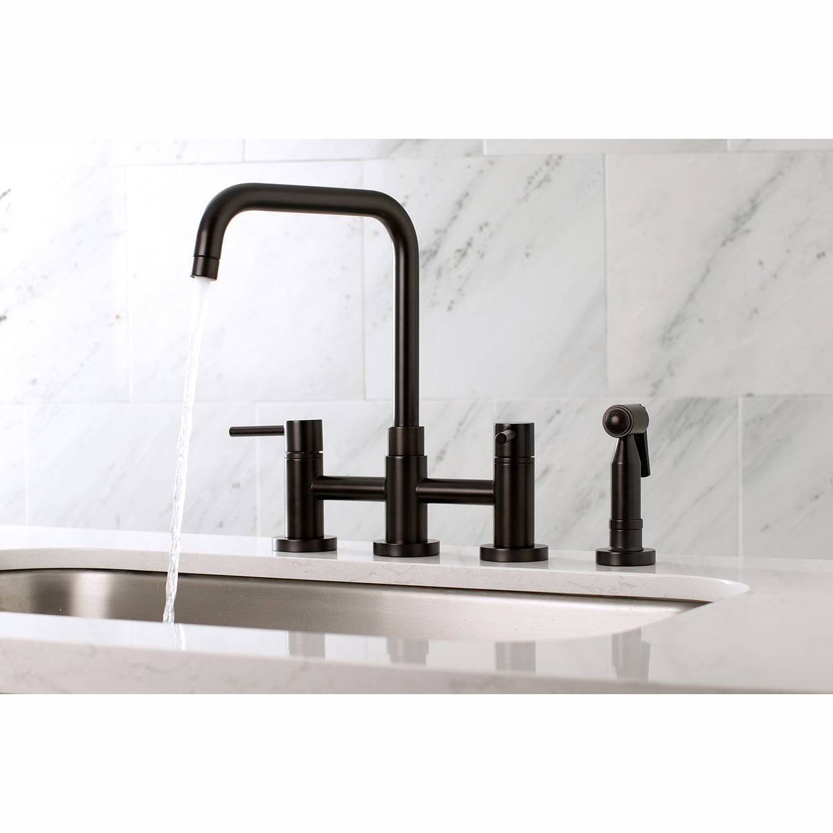Kingston Brass KS8287DLBS Concord Two-Handle Bridge Kitchen Faucet with Brass Sprayer