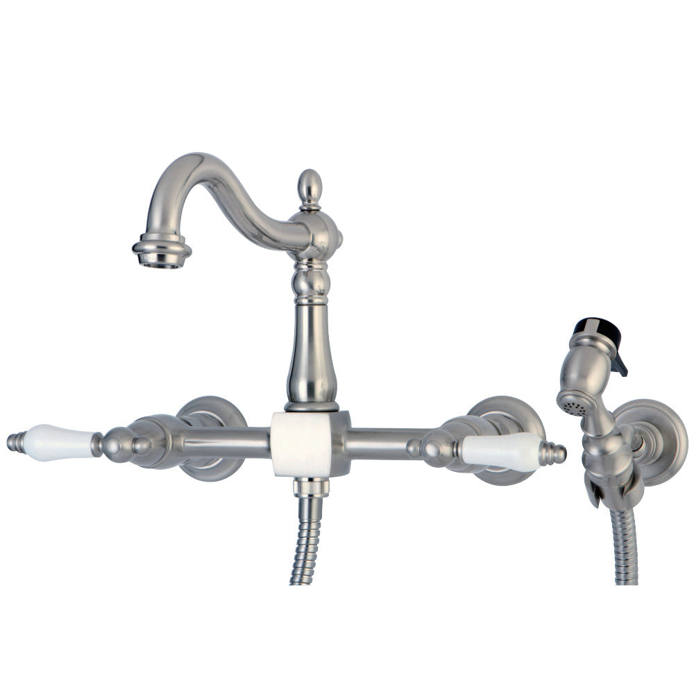 Kingston Brass KS1260PLBS Heritage Wall Mount Bridge Kitchen Faucet with Brass Sprayer