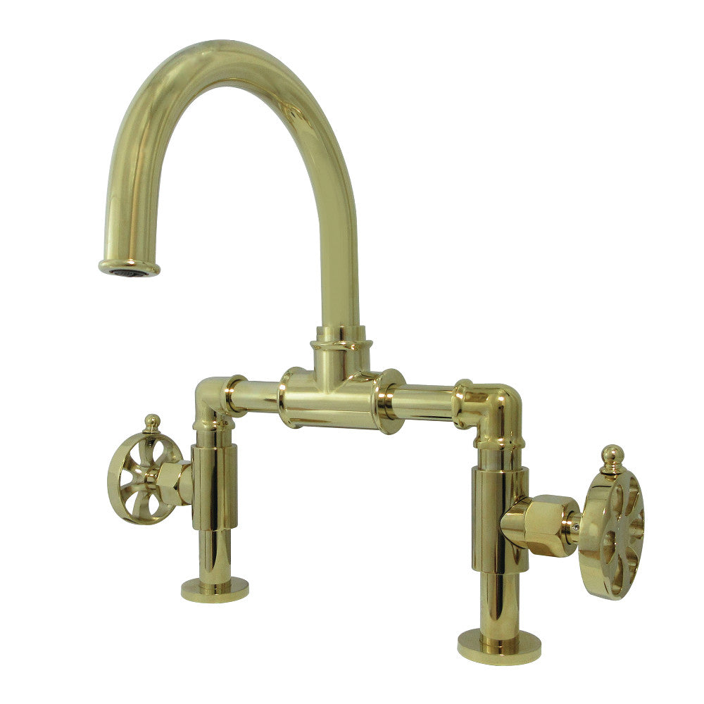 Kingston Brass KS217RXVN Belknap Industrial Style Wheel Handle Bridge Bathroom Faucet with Pop-Up Drain