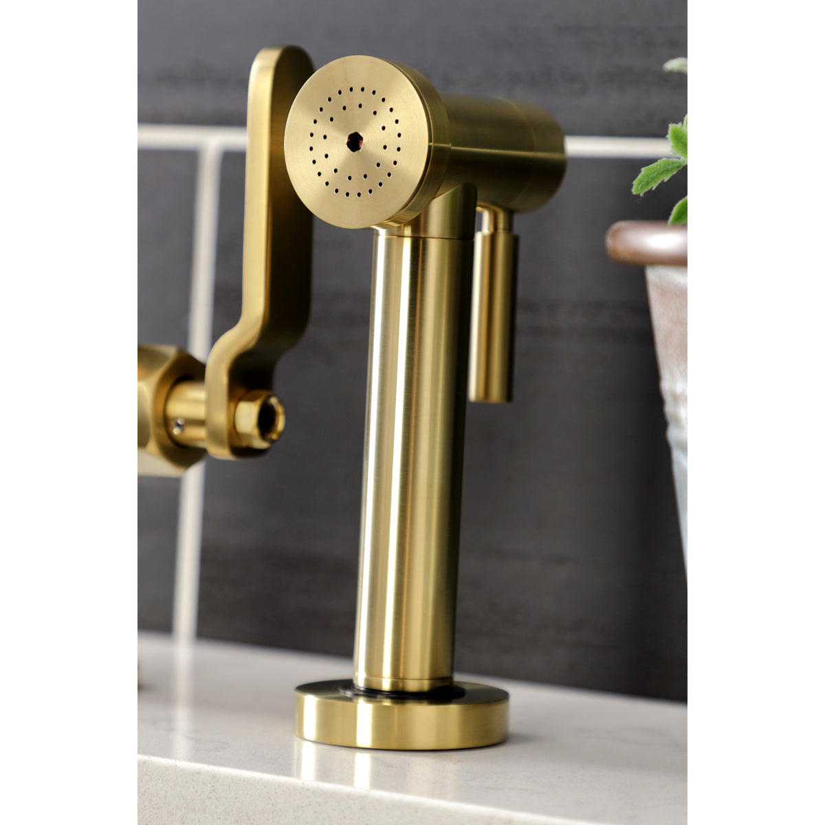 Kingston Brass KS2330KL Whitaker Industrial Style Bridge Kitchen Faucet with Brass Sprayer