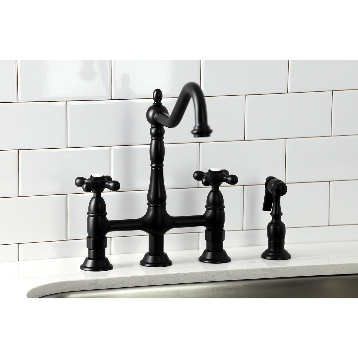 Kingston Brass KS1270AXBS Heritage Bridge Kitchen Faucet with Brass Sprayer
