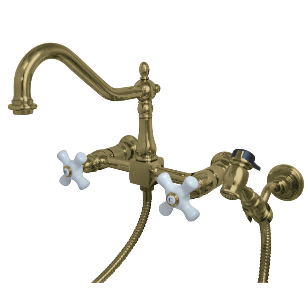 Kingston Brass KS1242PXBS Heritage Wall Mount Bridge Kitchen Faucet with Brass Spray