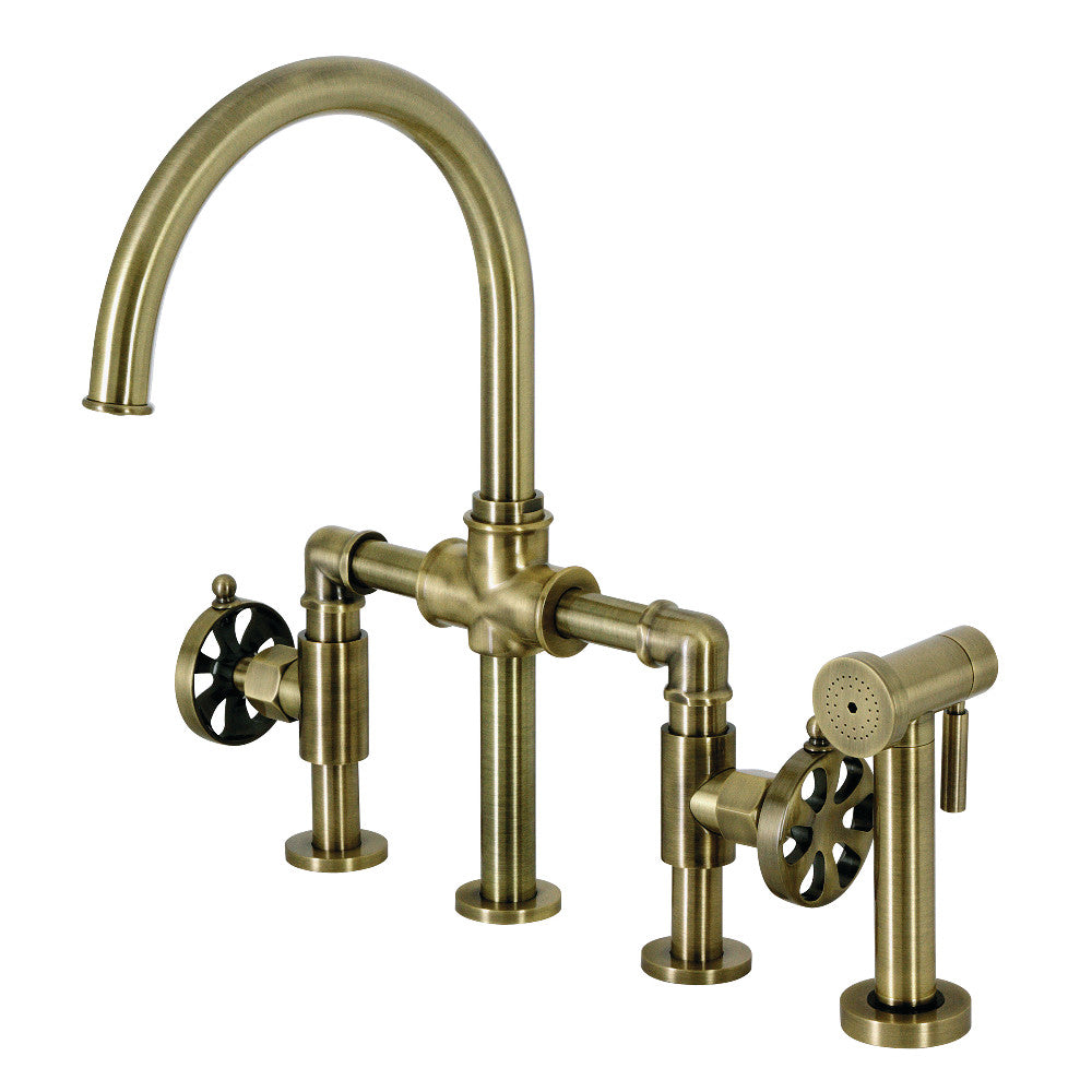 Kingston Brass KS2330RX Belknap Industrial Style Bridge Kitchen Faucet with Brass Sprayer