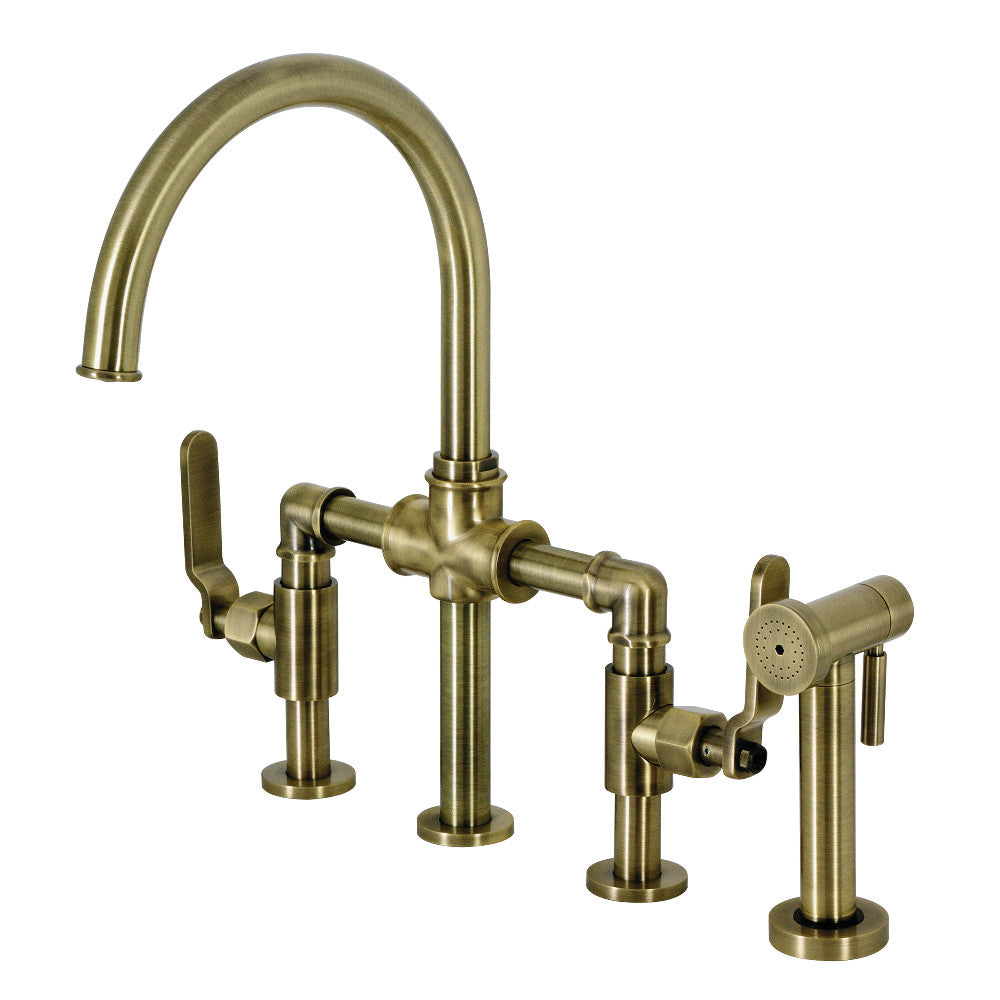 Kingston Brass KS2330KL Whitaker Industrial Style Bridge Kitchen Faucet with Brass Sprayer