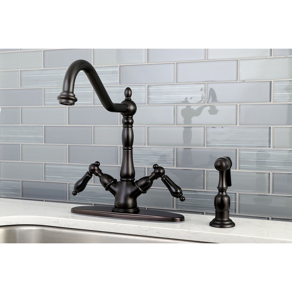 Kingston Brass KS1235PKLBS 8&quot; Centerset Deck Mount Kitchen Faucet with Brass Sprayer