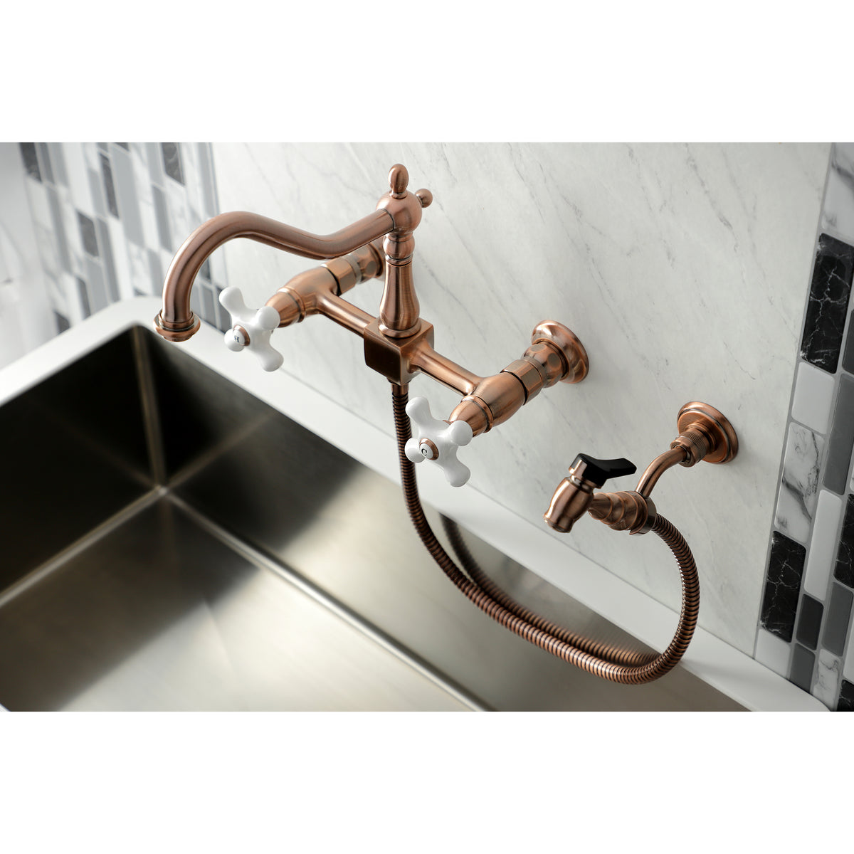 Kingston Brass KS1242PXBS Heritage Wall Mount Bridge Kitchen Faucet with Brass Spray