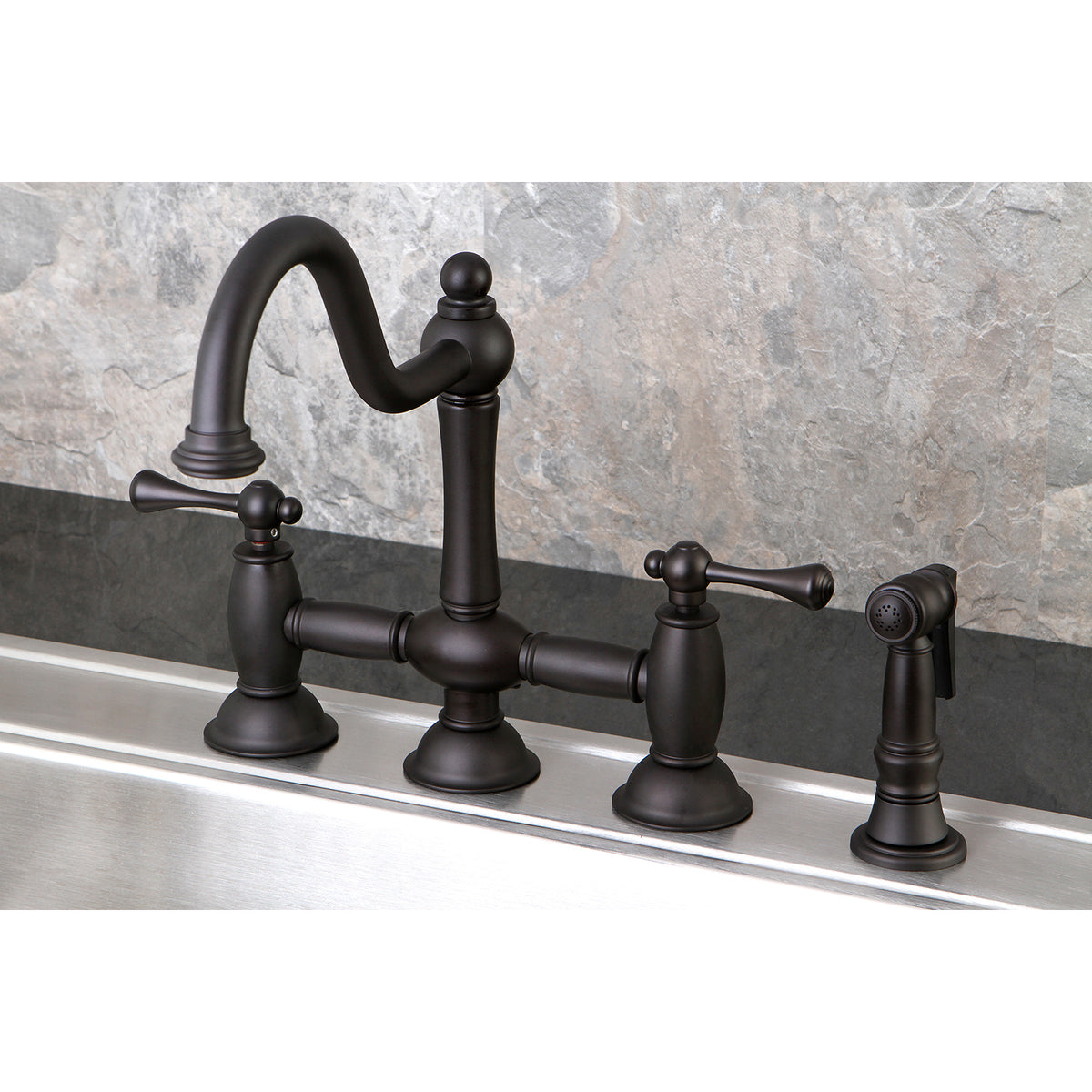 Kingston Brass KS3791BLBS Restoration Bridge Kitchen Faucet with Brass Sprayer