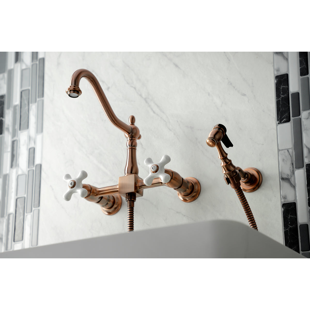 Kingston Brass KS1242PXBS Heritage Wall Mount Bridge Kitchen Faucet with Brass Spray