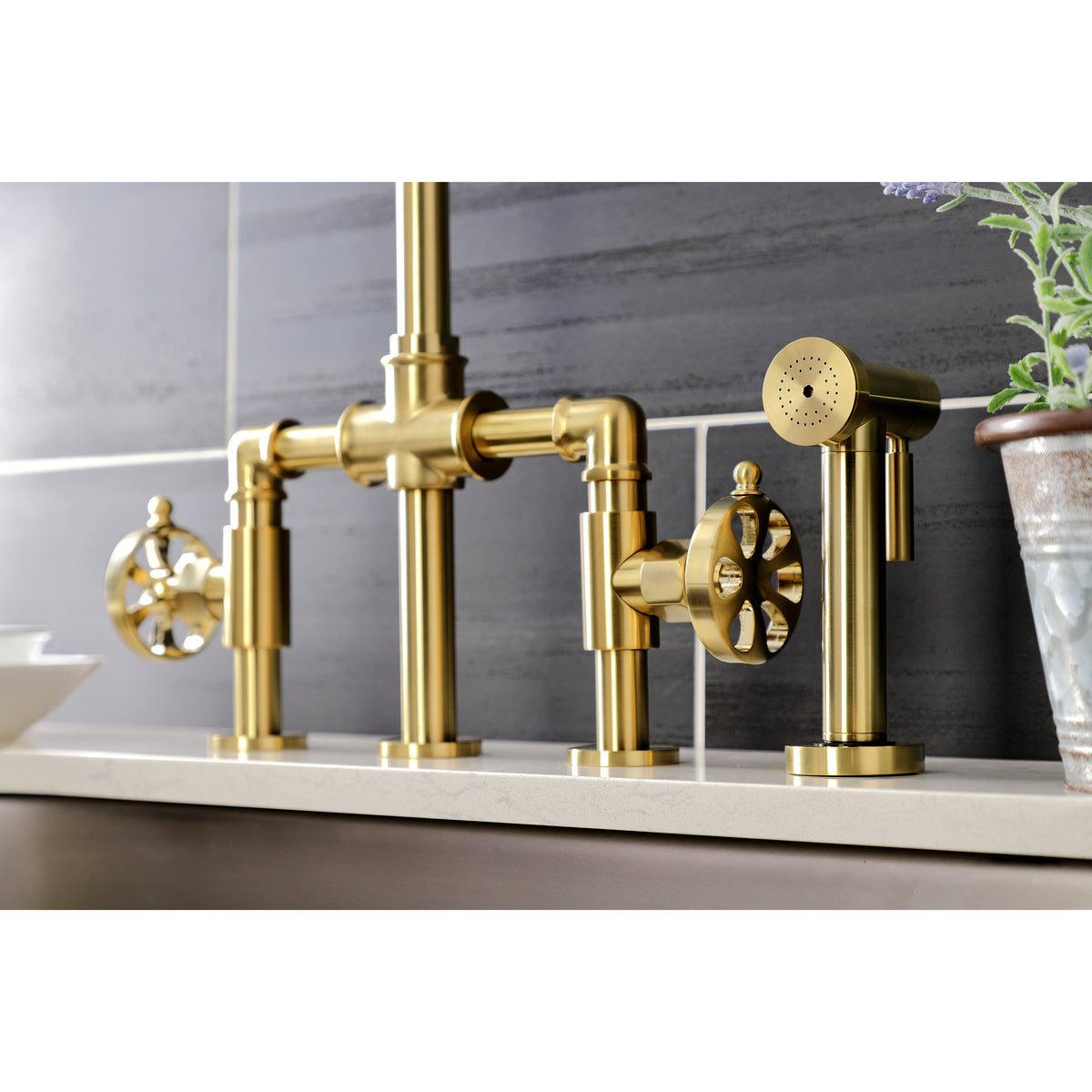 Kingston Brass KS2330RX Belknap Industrial Style Bridge Kitchen Faucet with Brass Sprayer
