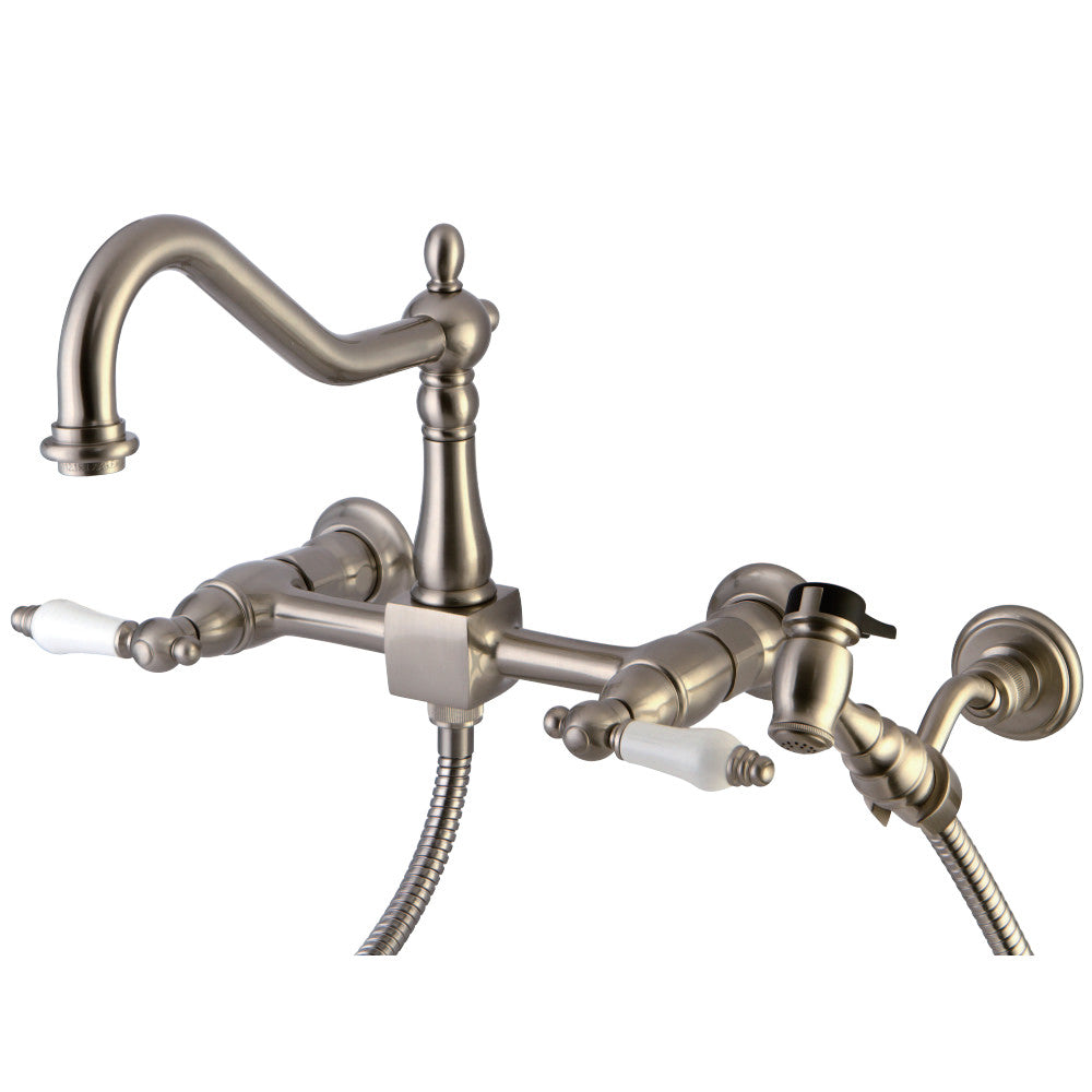 Kingston Brass KS1243PLBS Heritage Wall Mount Bridge Kitchen Faucet with Brass Spray