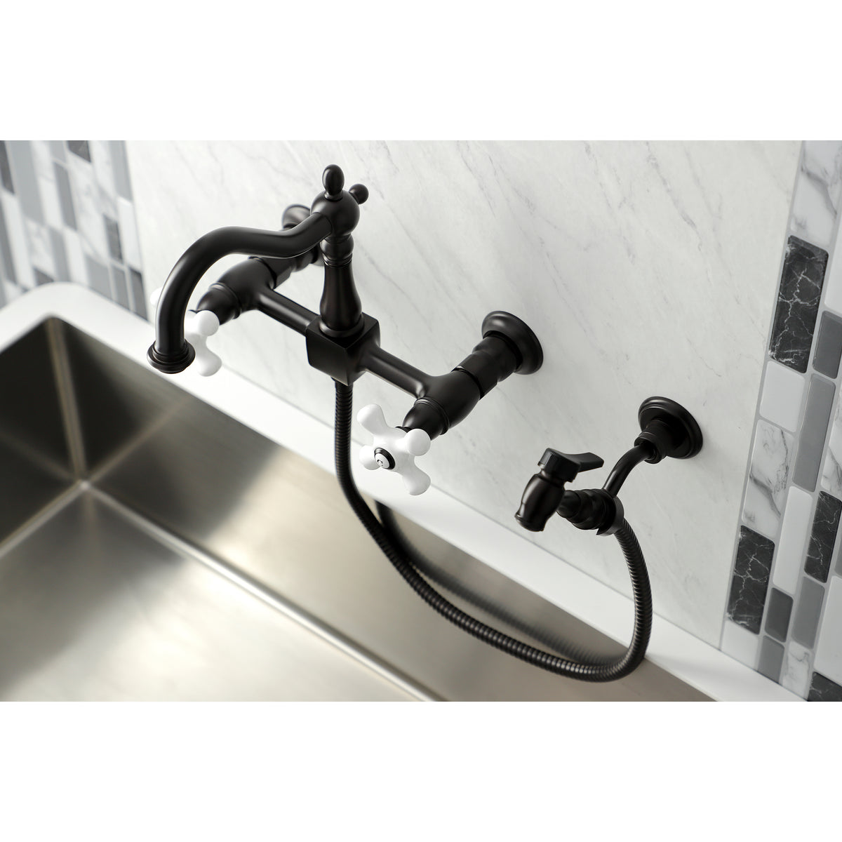 Kingston Brass KS1261PXBS Heritage Wall Mount Bridge Kitchen Faucet with Brass Sprayer