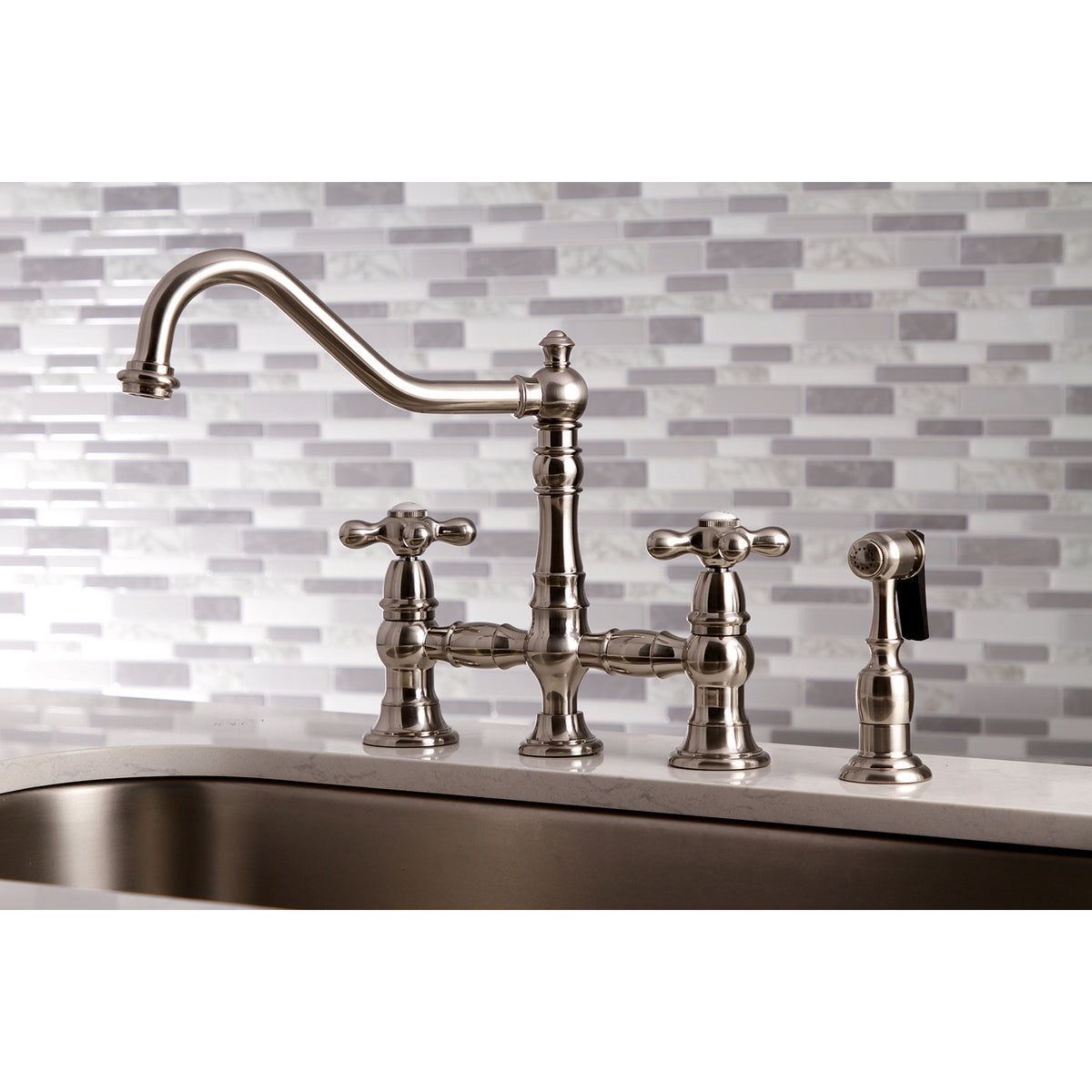 Kingston Brass KS3276AXBS Restoration 8&quot; Bridge Kitchen Faucet with Sprayer