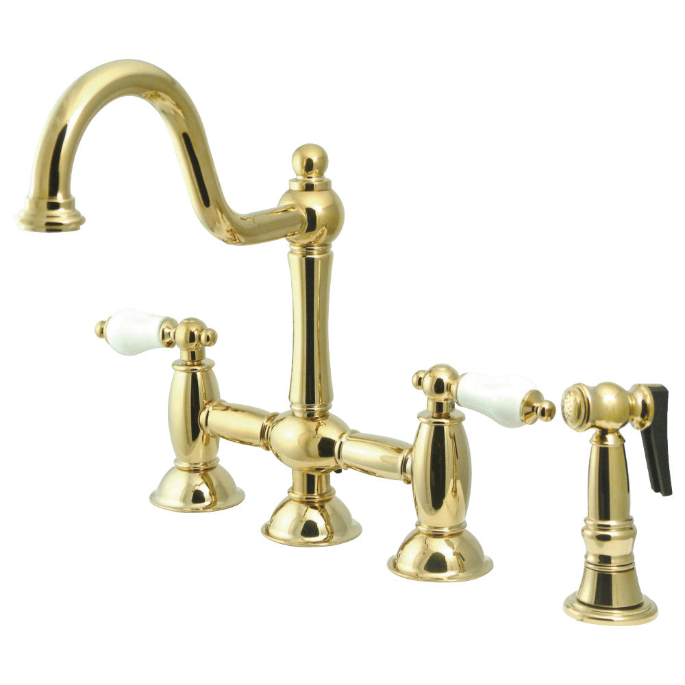Kingston Brass KS3791PLBS Restoration Bridge Kitchen Faucet with Brass Sprayer