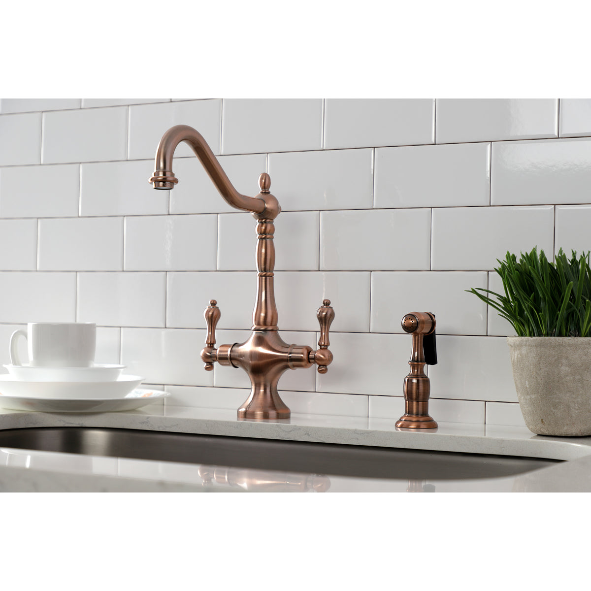 Kingston Brass KS1778ALBS Heritage 2-Handle Kitchen Faucet with Brass Sprayer