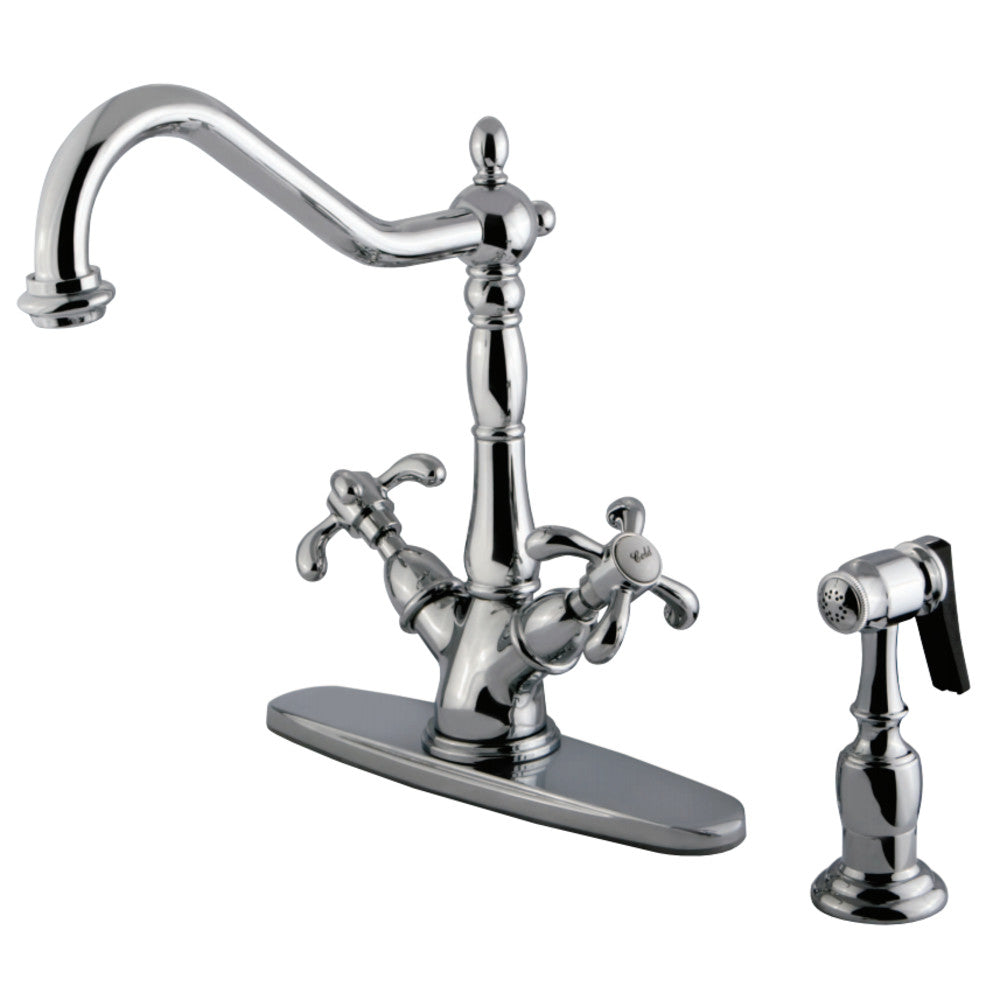 Kingston Brass KS1238TXBS French Country Mono Deck Mount Kitchen Faucet with Brass Sprayer