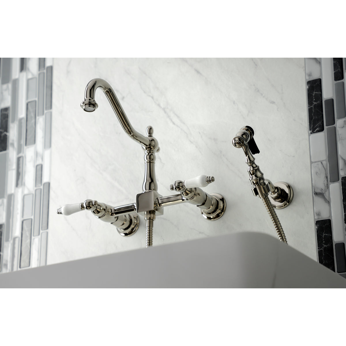 Kingston Brass KS1243PLBS Heritage Wall Mount Bridge Kitchen Faucet with Brass Spray