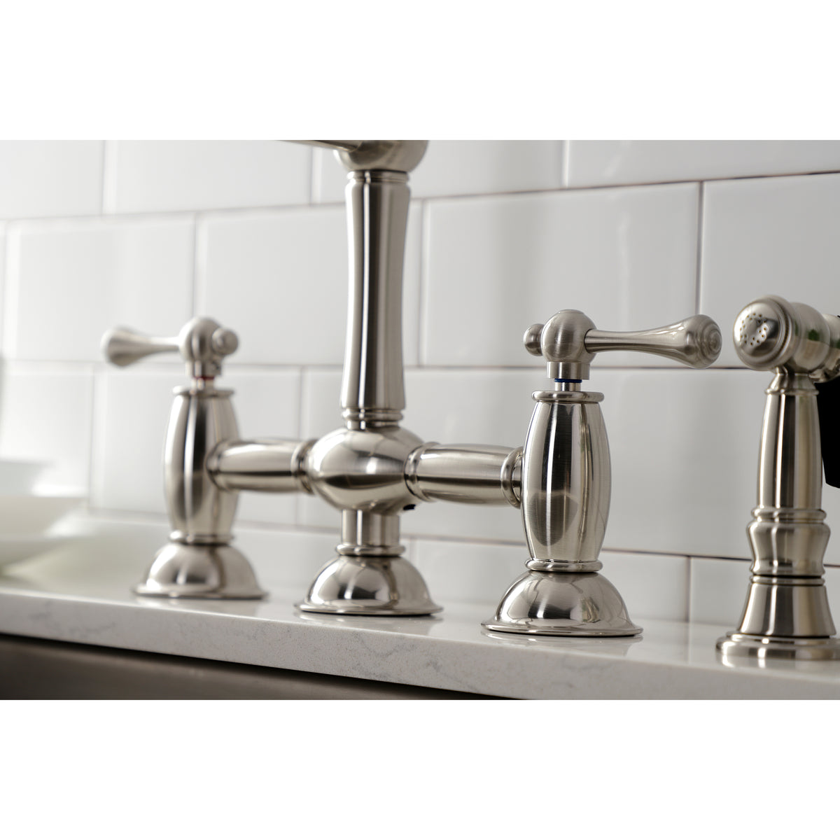 Kingston Brass KS3791BLBS Restoration Bridge Kitchen Faucet with Brass Sprayer
