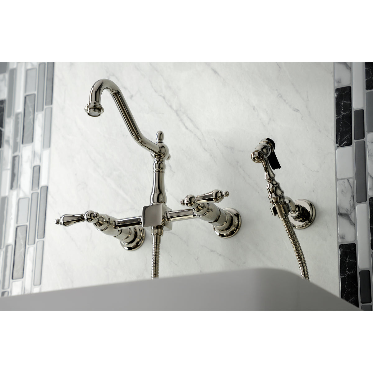 Kingston Brass KS1246ALBS Heritage Wall Mount Bridge Kitchen Faucet with Brass Spray