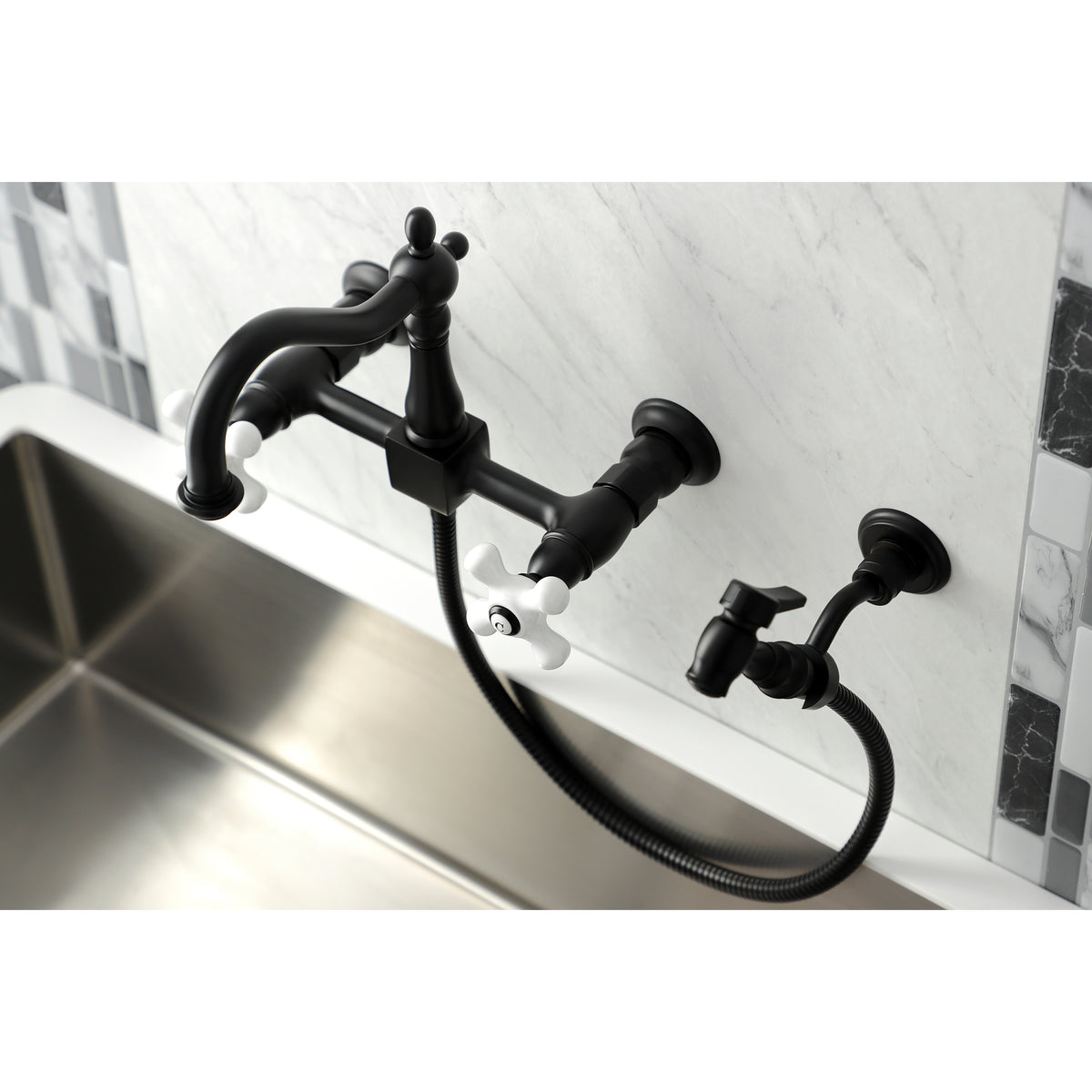 Kingston Brass KS1261PXBS Heritage Wall Mount Bridge Kitchen Faucet with Brass Sprayer
