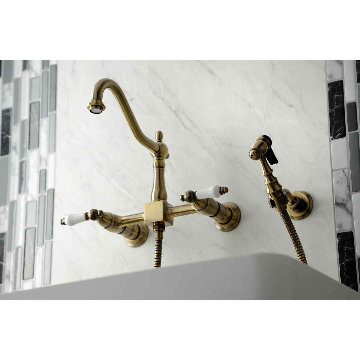 Kingston Brass KS1243PLBS Heritage Wall Mount Bridge Kitchen Faucet with Brass Spray